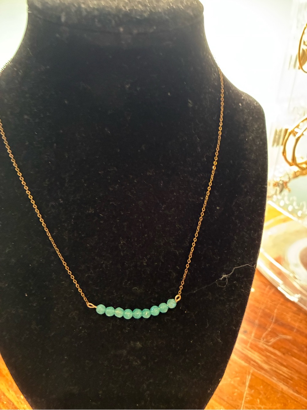 Minimal Beaded Bar Necklace in Aqua Green on Gold Chain